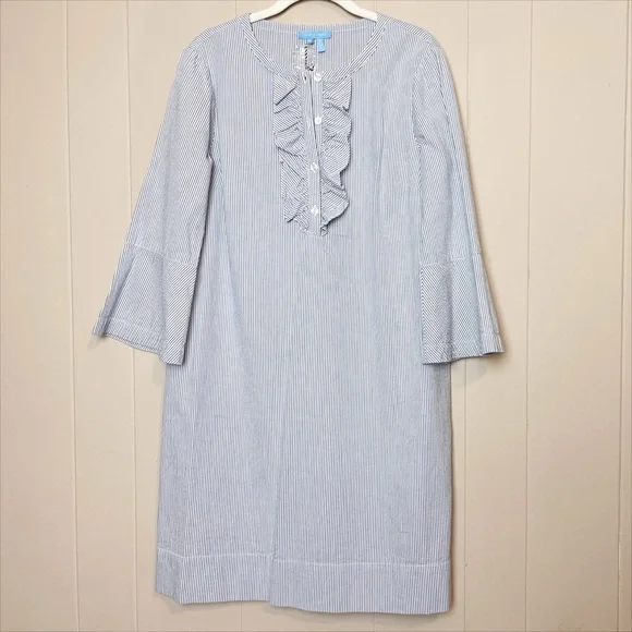 Draper James NWT Seersucker Ruffle Shirt Dress 12 blue white classic shift - Picture 2 of 12